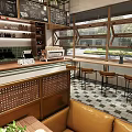 Cozy Café Interior With Wooden Counter Bar Stools Hexagonal Windows Green Plants And Checkerboard Tiles