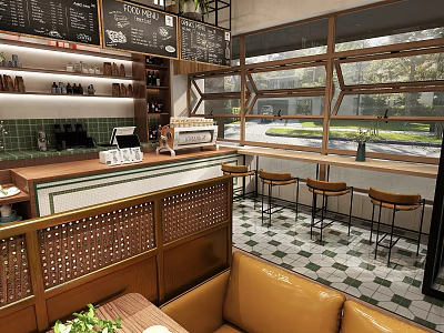 Cozy Café Interior With Wooden Counter Bar Stools Hexagonal Windows Green Plants And Checkerboard Tiles 3d model