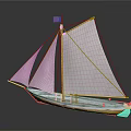 Detailed Sailboat Model With White Sails Brown Masts Red Flag And Red White Hull