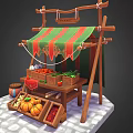 Wooden Fruit Market Stall With Green Red Striped Awning And Fresh Fruits On Cobblestone Ground
