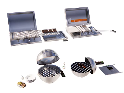 Stainless Steel Barbecue Tools With Open Grill Lid And Accessories 3d model