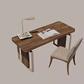 Wooden Office Desk With Comfortable Chair Table Lamp Open Book And Stacked Books