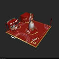 Floral Installation Design With Red Display Platform And Golden Decorative Elements