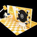 FOSHIN Brand Display Setup With Yellow Background White Table And Vinyl Record