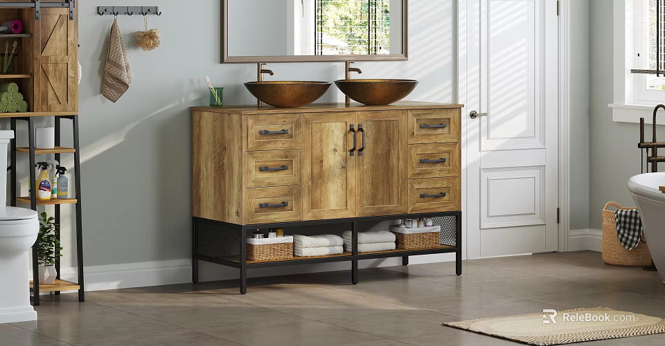 Rustic Wooden Vanity With Double Copper Washbasins Mirror Above And Storage Drawers 3d model 