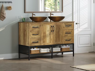 Rustic Wooden Vanity With Double Copper Washbasins Mirror Above And Storage Drawers 3d model