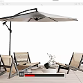 Outdoor Table Chair Set With Loungers Round Table And Umbrella On Wooden Flooring
