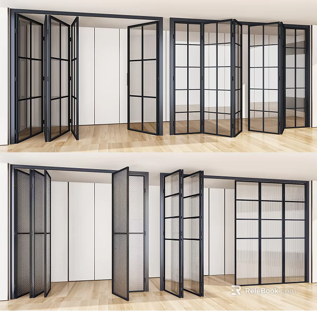 Modern Folding Doors With Black Frames And Grid Design In Indoor Setting 3d model 