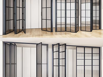 Modern Folding Doors With Black Frames And Grid Design In Indoor Setting 3d model