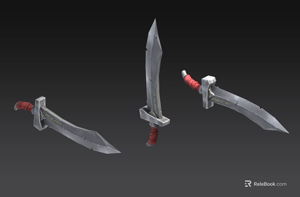Swords with Metal Blades Red Hilts and Decorative Details Displayed from Multiple Angles 3d model 