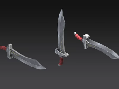 Swords with Metal Blades Red Hilts and Decorative Details Displayed from Multiple Angles 3d model