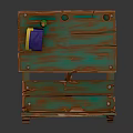 Wooden Table And Bench Set Featuring Green Wood Grain With Blue Box And Green Bottle