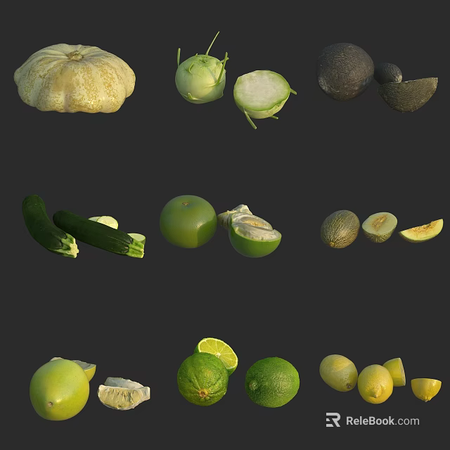 Freshly Cut Assorted Vegetables and Fruits Including Pumpkin Cabbage Avocado Zucchini Tomato Melon and Citrus 3d model 