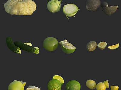 Freshly Cut Assorted Vegetables and Fruits Including Pumpkin Cabbage Avocado Zucchini Tomato Melon and Citrus 3d model