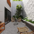 Courtyard Garden Landscape With Arched Doorway Lush Greenery Indoor Outdoor Stone Floor White Cabinets