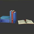 Vibrant Blue and Red Stacked Books with Open Page on Reflective Surface