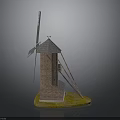 Traditional Windmill Model With Brick Structure Gray Roof Blades And Supporting Poles