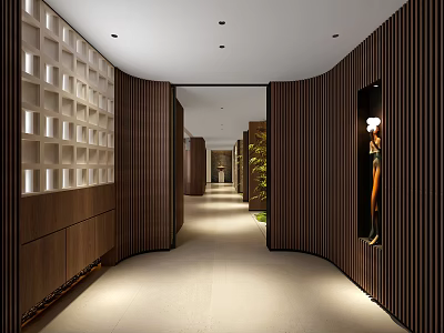 Elevator Hallway Modern Design With Wooden Panel Walls And Recessed Lighting Accents 3d model