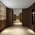 Elevator Hallway Modern Design With Wooden Panel Walls And Recessed Lighting Accents