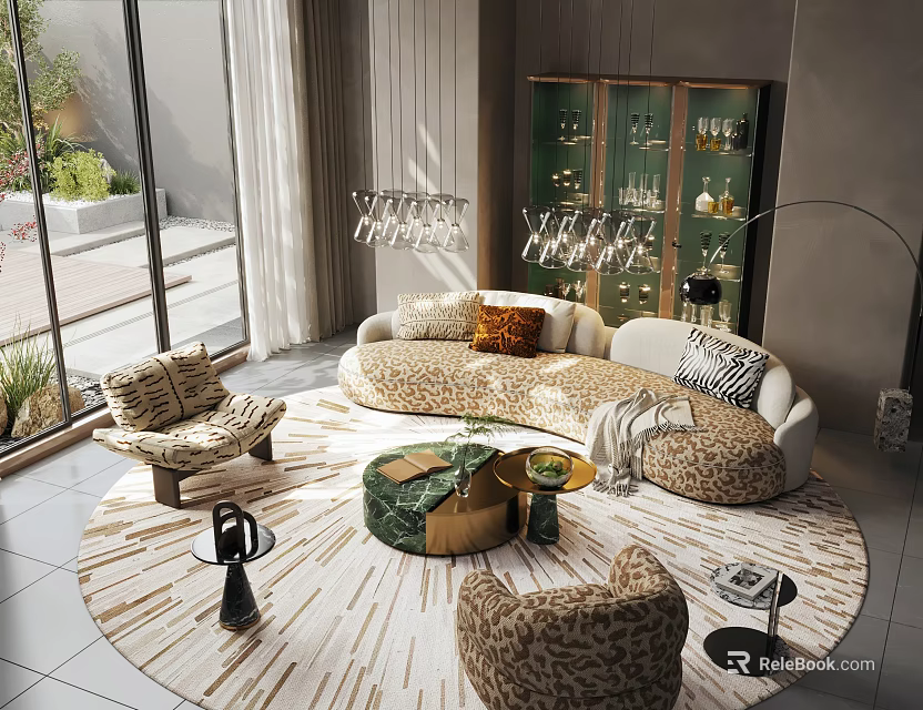Luxury Curved Sofa And Marble Coffee Table Set For Stylish Sunlit Modern Cozy Living Room 3d model 