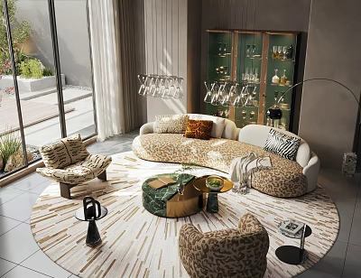 Luxury Curved Sofa And Marble Coffee Table Set For Stylish Sunlit Modern Cozy Living Room 3d model