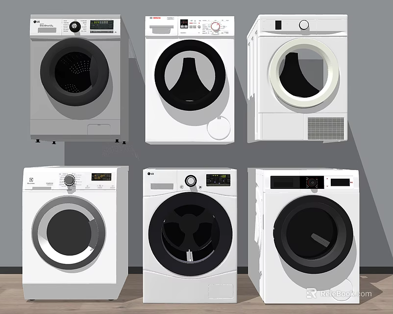 Front Loading Washing Machines With Various Modern Designs And Digital Control Panels 3d model