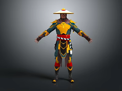 Game And Movie Character In Traditional Outfit With Conical Hat Yellow Red Accents 3d model