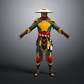 Game And Movie Character In Traditional Outfit With Conical Hat Yellow Red Accents