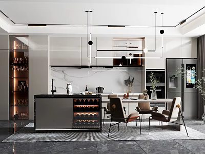 Modern Restaurant Open Kitchen Interior With Island Counter And Cabinets 3d model