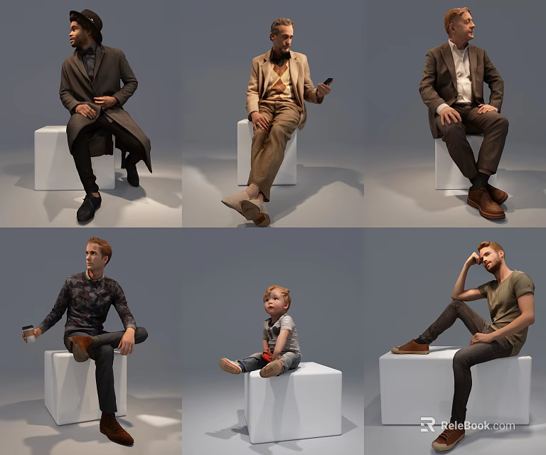 Multiple People Sitting on White Cubes with Different Poses in Gray Background 3d model