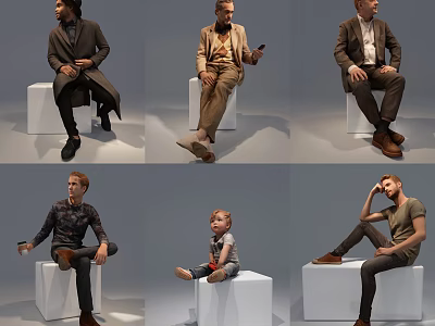 Multiple People Sitting on White Cubes with Different Poses in Gray Background 3d model