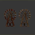 Two Vintage Spoked Wooden Wheels Featuring Metal Accents On Stands