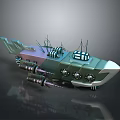 Futuristic Sci Fi Spaceship 3D Model With Green Purple Hull And Engine Parts