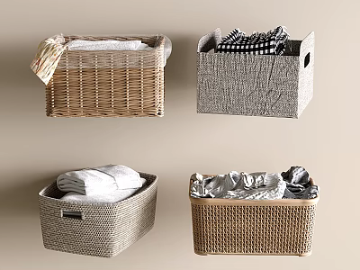 Various Design Wicker And Fabric Storage Baskets For Organizing Clothes And Towels 3d model