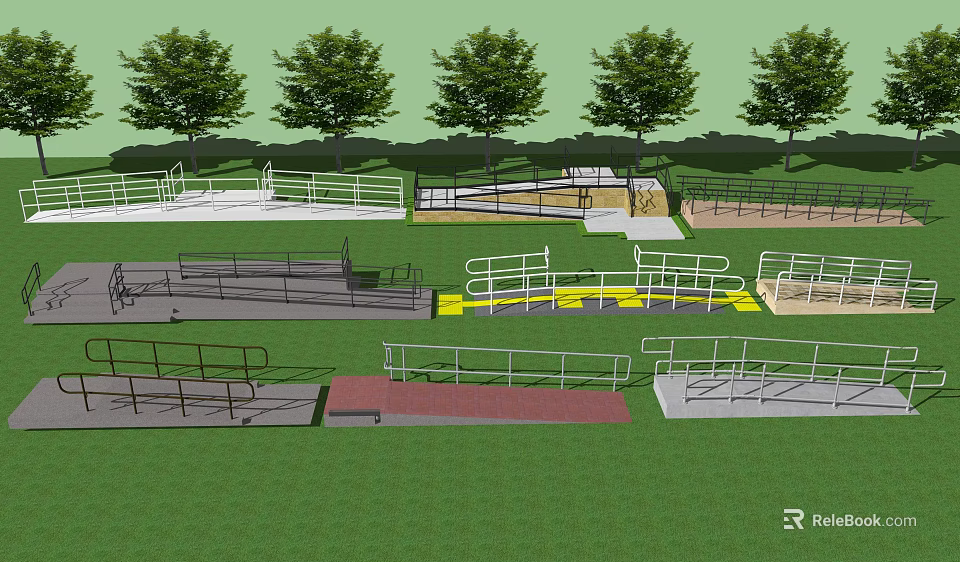 Various Types of Outdoor Fences with Green Grass and Trees in Park Setting 3d model 