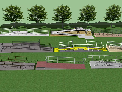 Various Types of Outdoor Fences with Green Grass and Trees in Park Setting 3d model