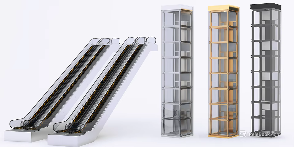 Modern Escalator And Glass Wooden Frame Passenger Elevators For Commercial Use 3d model 