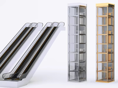 Modern Escalator And Glass Wooden Frame Passenger Elevators For Commercial Use 3d model