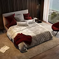 Double Bed with Wooden Accent Wall Striped Comforter Red Chair and Sea View