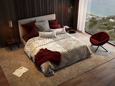 Double Bed with Wooden Accent Wall Striped Comforter Red Chair and Sea View 3d model