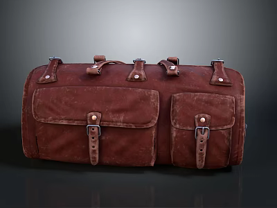 Vintage Brown Canvas Duffel Bag With Multiple Pockets And Leather Straps 3d model