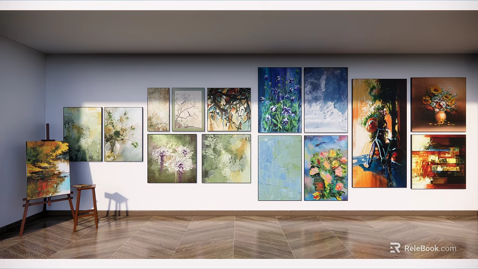 Various Colorful Oil Paintings Hanging On Room Wall With Floral And Scenic Art Themes 3d model 