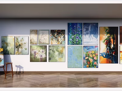 Various Colorful Oil Paintings Hanging On Room Wall With Floral And Scenic Art Themes 3d model