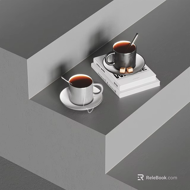 Two Coffee Cups With Spoons On Saucers Beside Stacked Books 3d model 