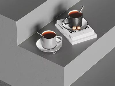 Two Coffee Cups With Spoons On Saucers Beside Stacked Books 3d model