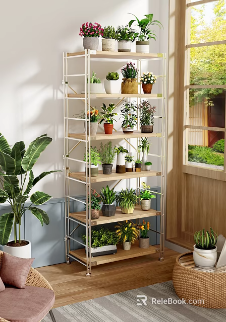 Multi tiered Indoor Shelving Unit with Various Potted Plants by Window and Natural Light 3d model 