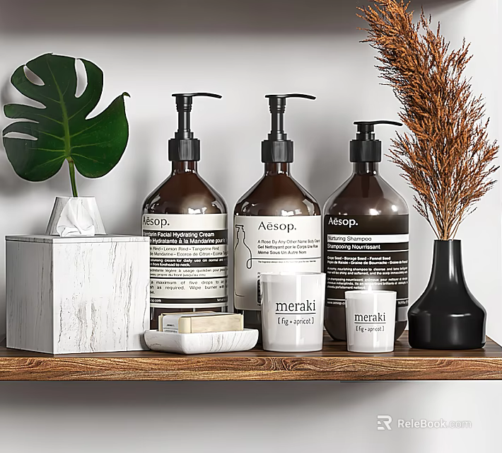 Bathroom Accessories On Wooden Shelf With Brown Pump Bottles Candles And Green Plant Decor 3d model 