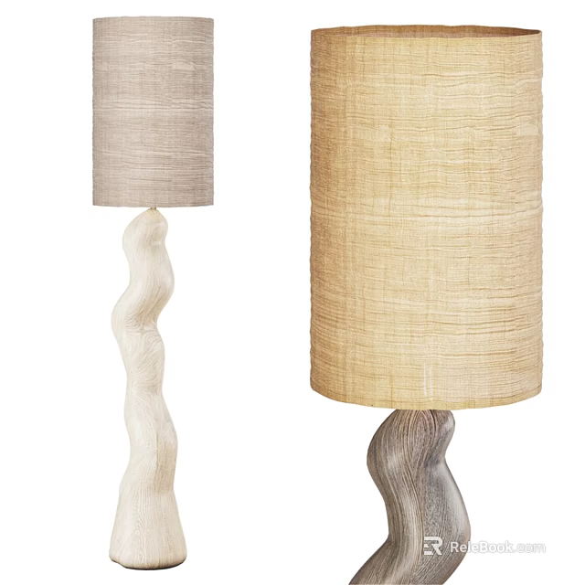 Modern Floor Lamps With White Twisted And Wooden Bases Light Gray Beige Fabric Shades 3d model 