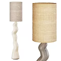 Modern Floor Lamps With White Twisted And Wooden Bases Light Gray Beige Fabric Shades