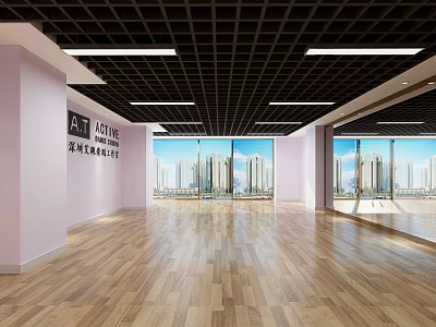 Spacious Fitness Studio With Wooden Flooring Large Windows And City View 3d model